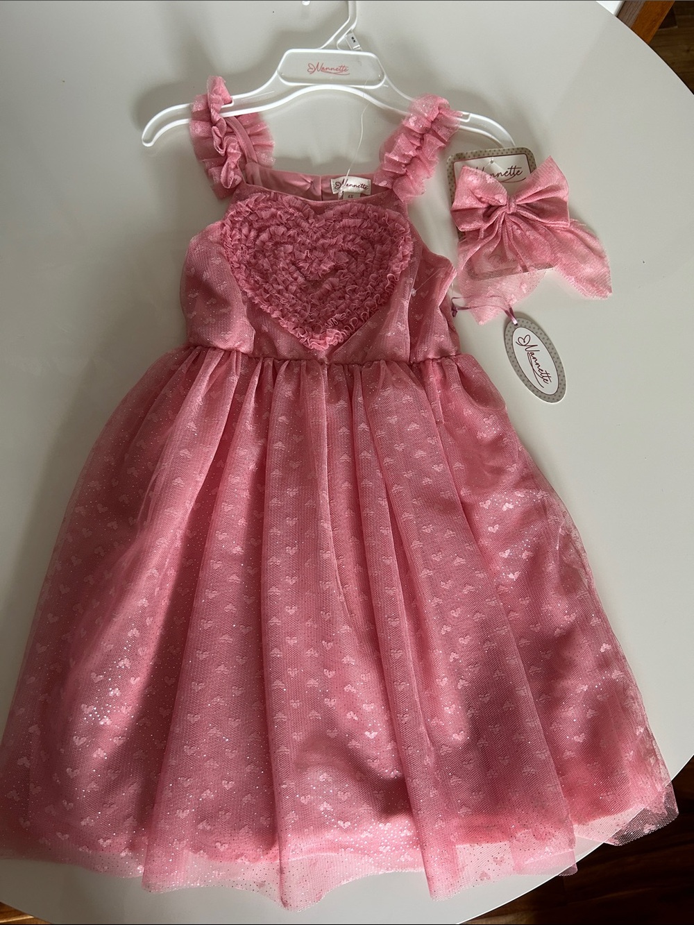 Nanette Lepore Pink Ruffle Heart Tulle Dress with Bow little girls size 6x .